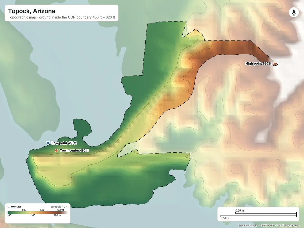 Topographic elevation map of Topock, Arizona, shaded from 450 ft near the middle to 620 ft on the east edge, below higher ground just outside