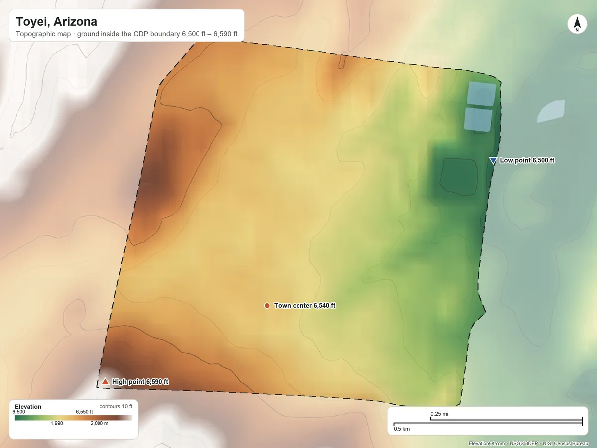 Topographic elevation map of Toyei, Arizona, shaded from 6,500 ft on the northeast side to 6,590 ft on the southwest side