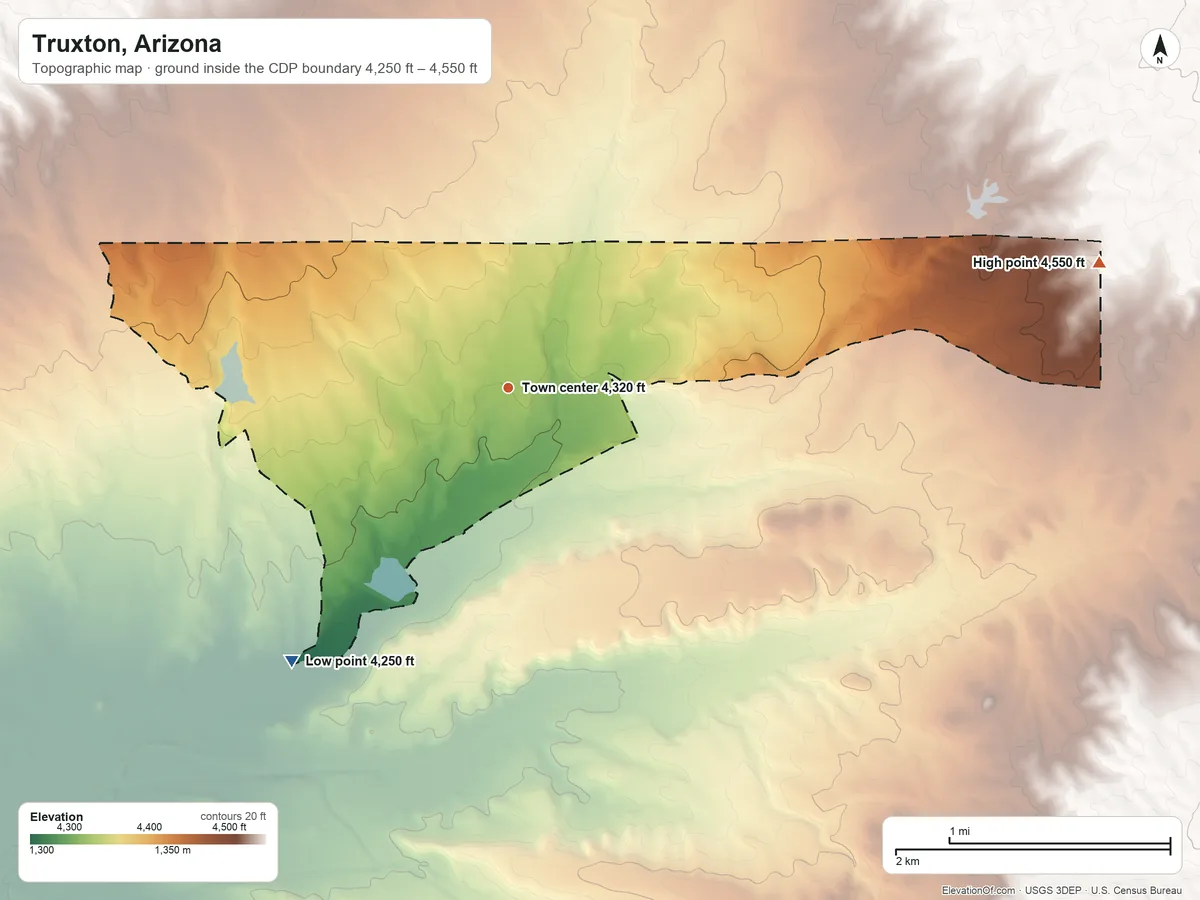 Topographic elevation map of Truxton, Arizona, shaded from 4,250 ft on the southwest side to 4,550 ft on the east side