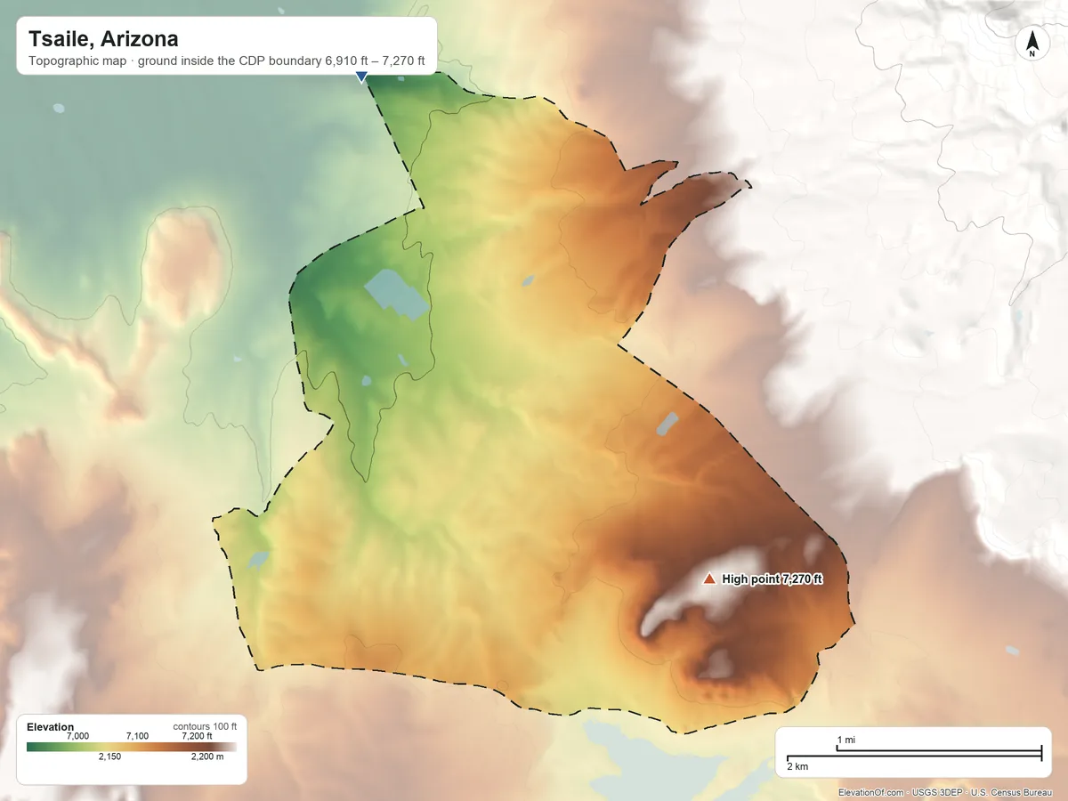 Topographic elevation map of Tsaile, Arizona, shaded from 6,910 ft on the north side to 7,270 ft on the southeast side