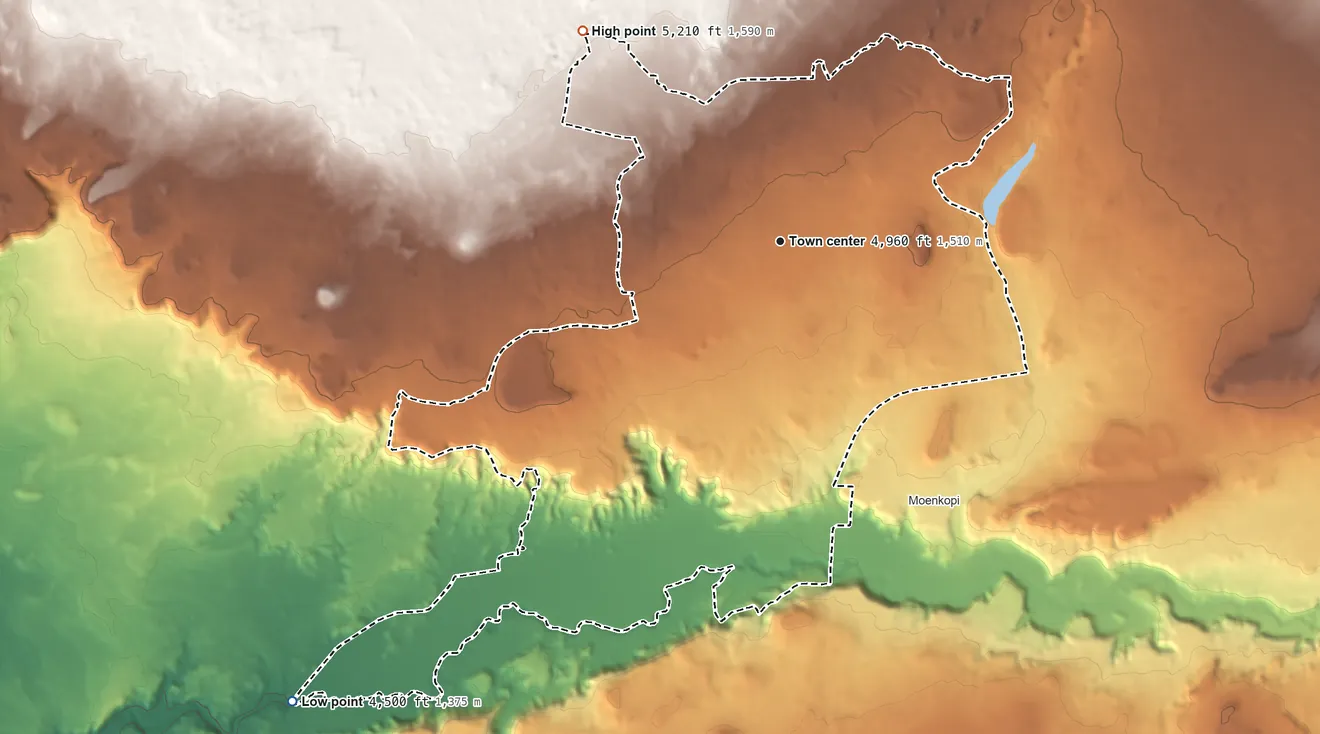Topographic elevation map of Tuba City, Arizona, shaded from 4,500 ft on the southwest side to 5,210 ft on the northwest side