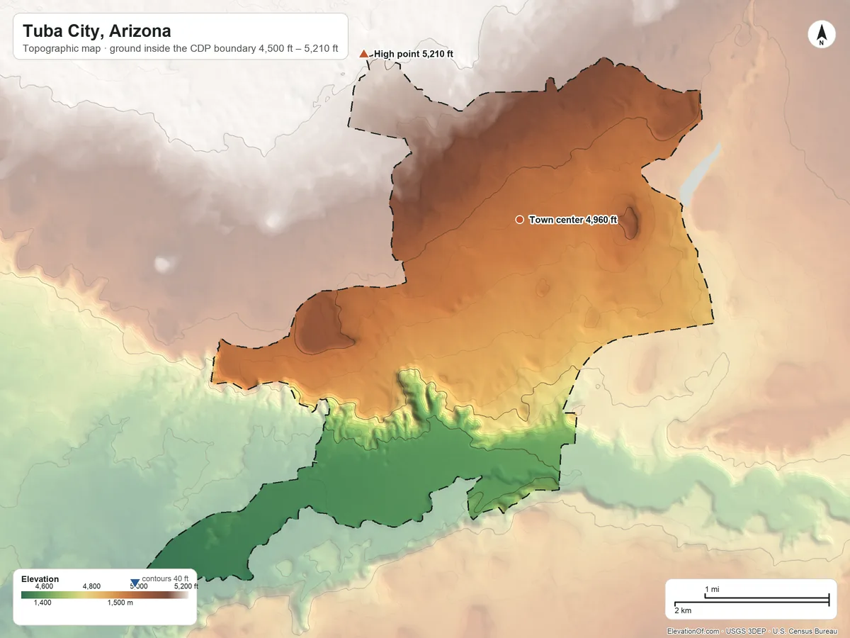 Topographic elevation map of Tuba City, Arizona, shaded from 4,500 ft on the southwest side to 5,210 ft on the northwest side
