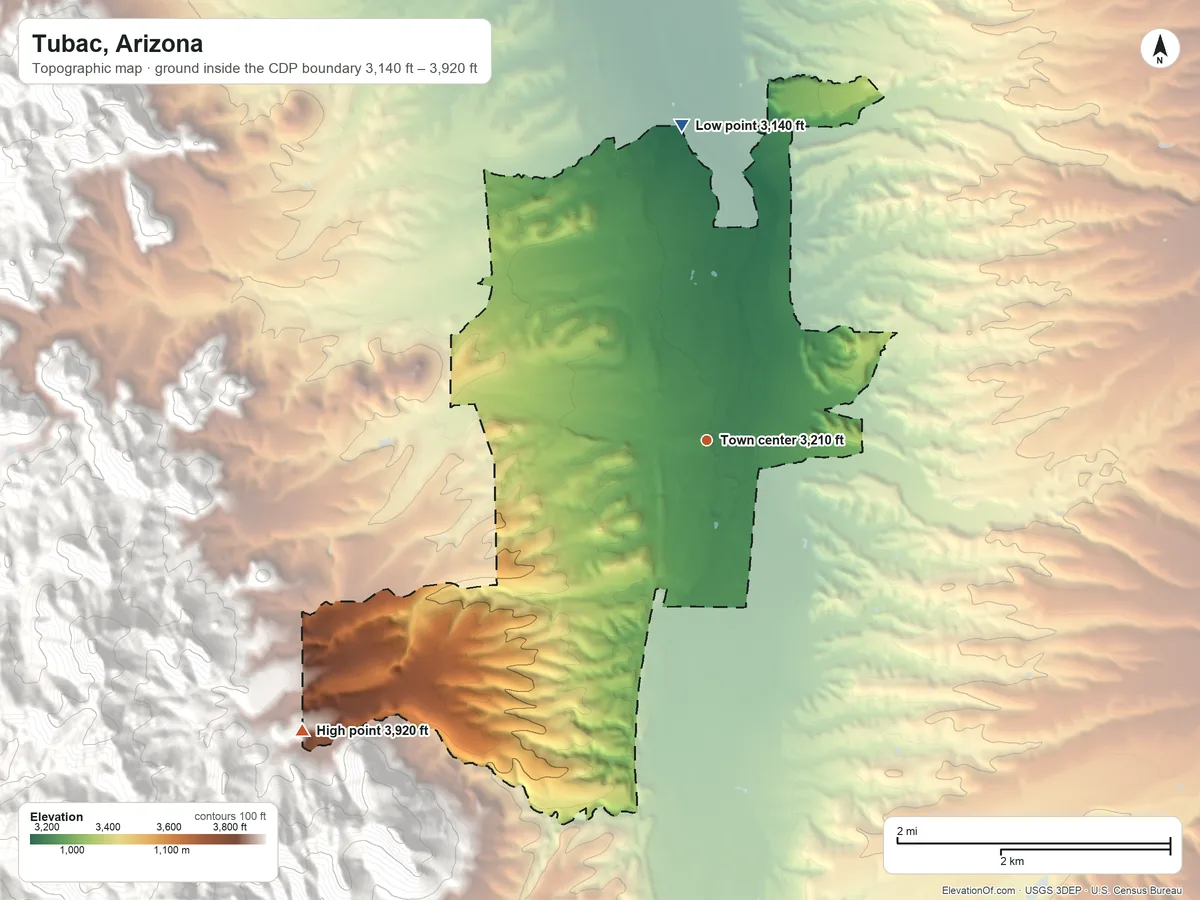 Topographic elevation map of Tubac, Arizona, shaded from 3,140 ft on the north side to 3,920 ft at the foot of the Tumacacori Mountains