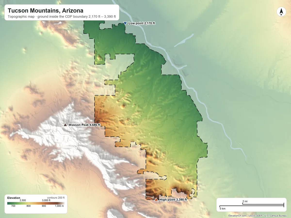 Topographic elevation map of Tucson Mountains, Arizona, shaded from 2,170 ft on the north side to 3,390 ft at the foot of the Tucson Mountains
