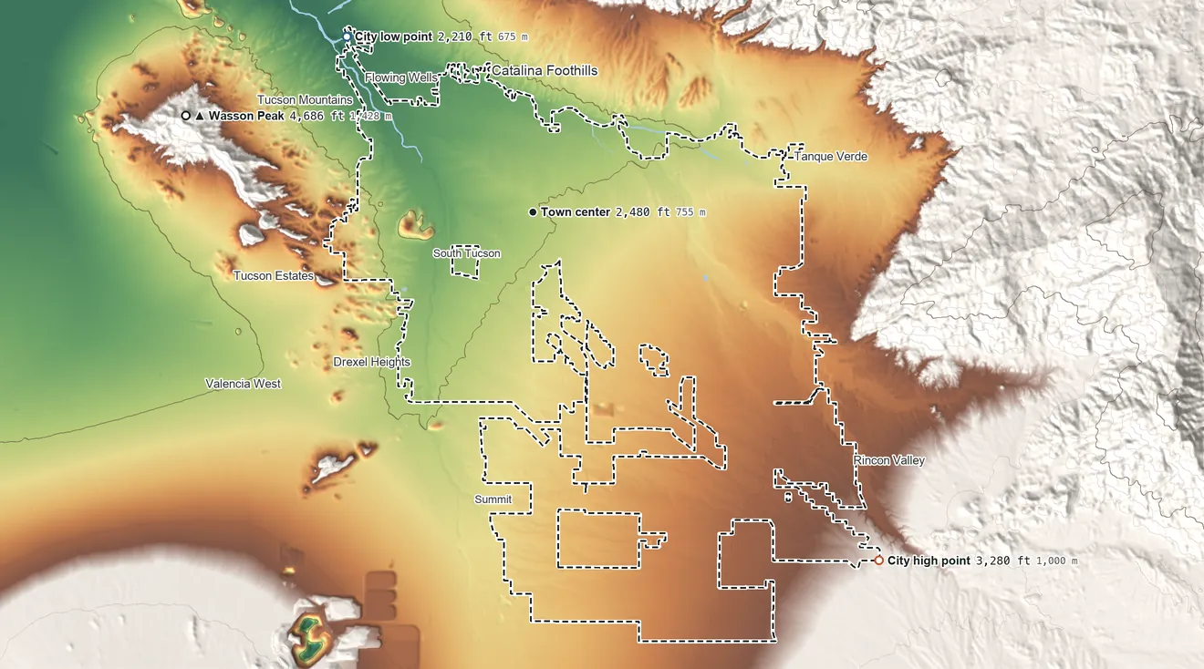 Topographic elevation map of Tucson, Arizona, shaded from 2,210 ft on the northwest side to 3,280 ft on the southeast side