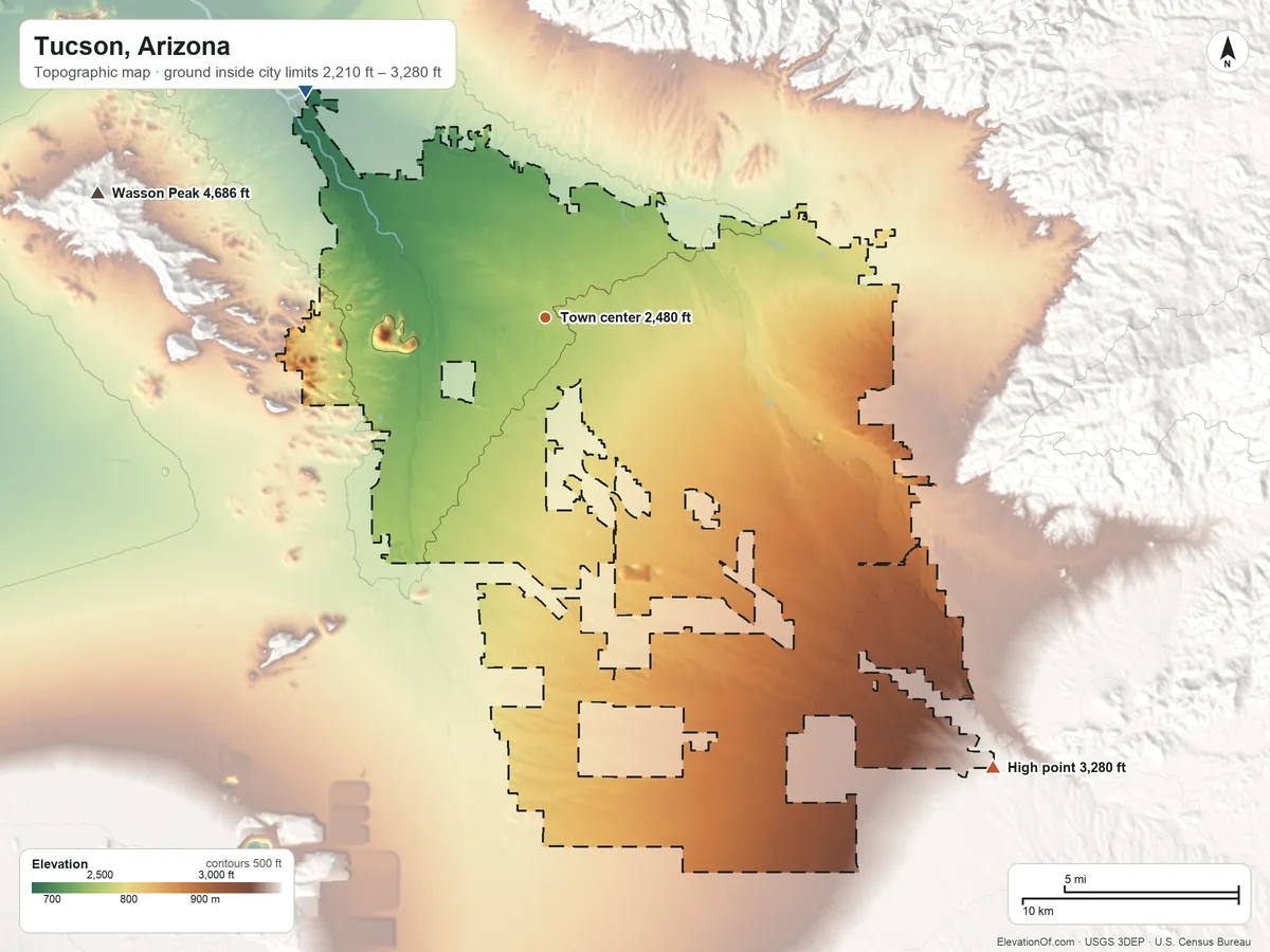 Topographic elevation map of Tucson, Arizona, shaded from 2,210 ft on the northwest side to 3,280 ft on the southeast side