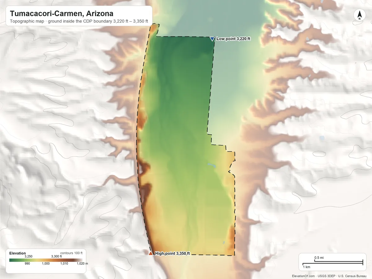 Topographic elevation map of Tumacacori-Carmen, Arizona, shaded from 3,220 ft on the north side to 3,350 ft at the foot of the Tumacacori Mountains