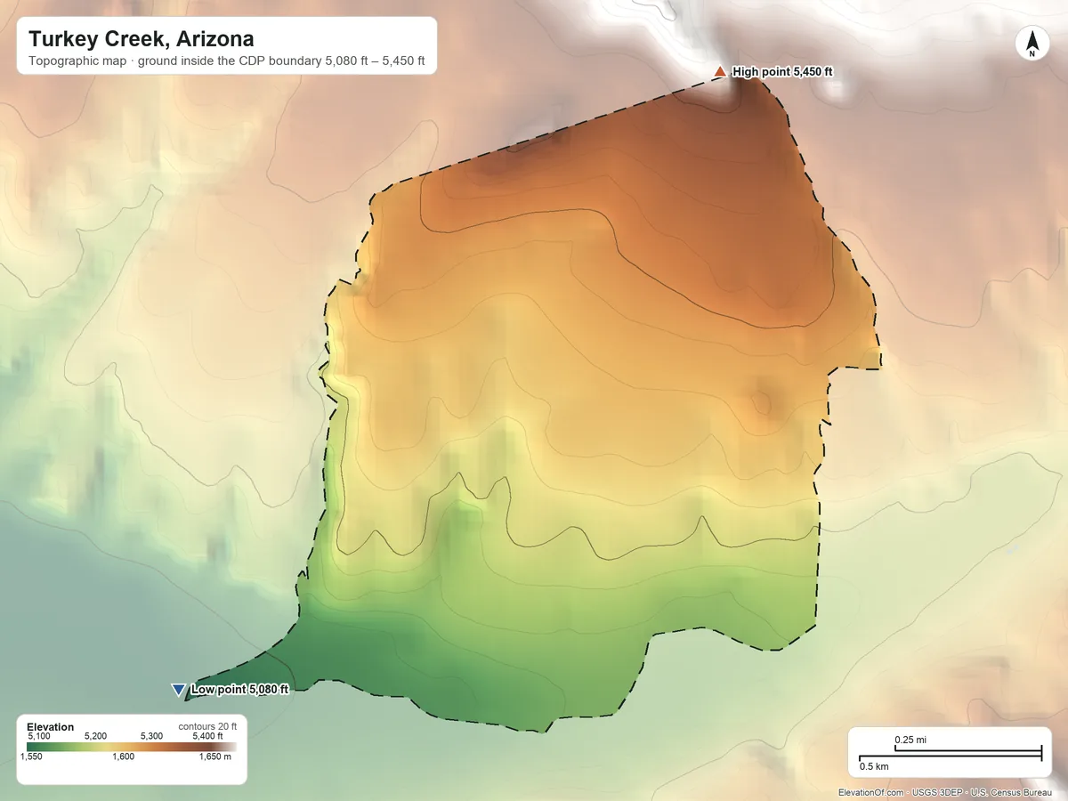 Topographic elevation map of Turkey Creek, Arizona, shaded from 5,080 ft on the southwest side to 5,450 ft on the northeast edge, below higher ground just outside