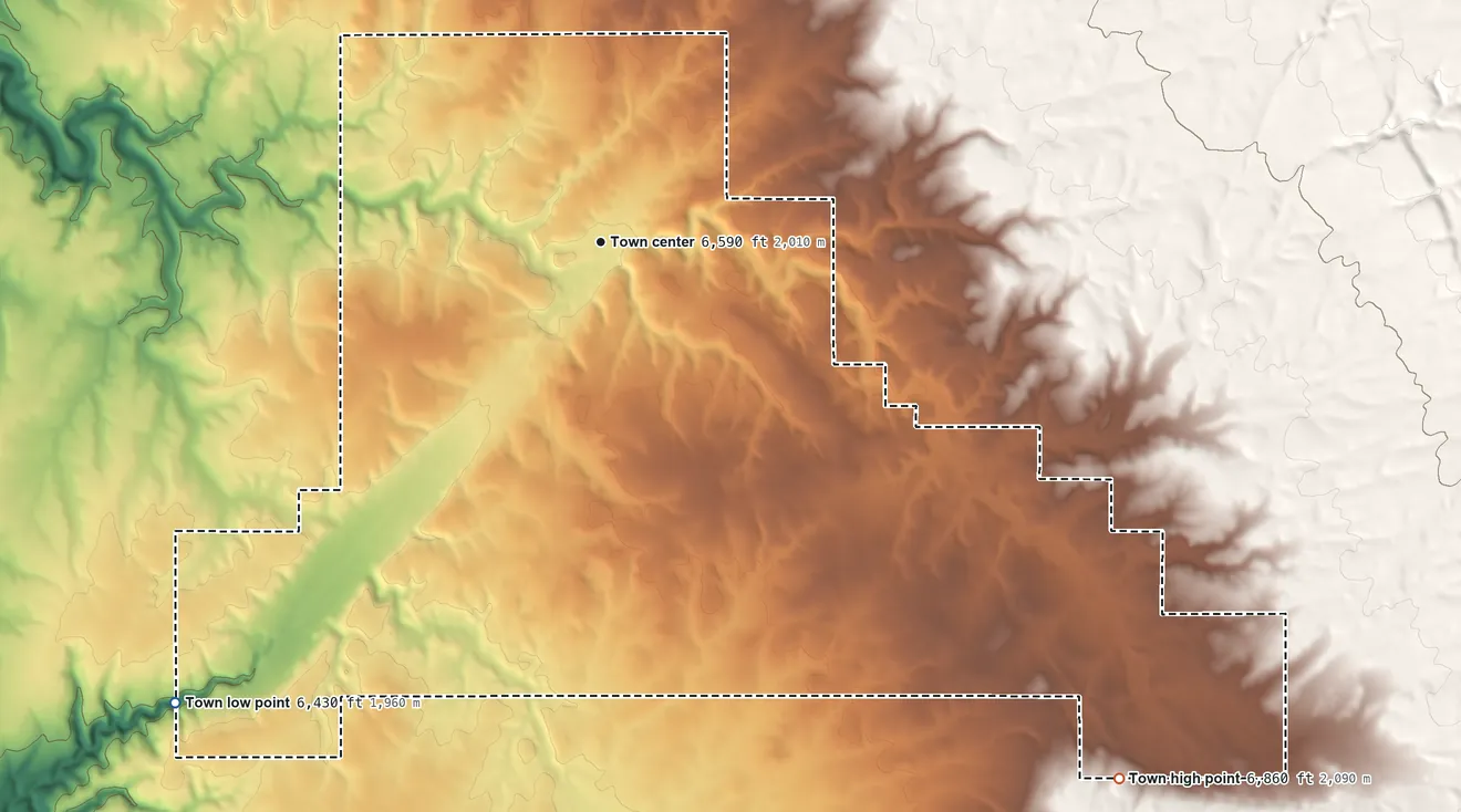 Topographic elevation map of Tusayan, Arizona, shaded from 6,430 ft on the southwest side to 6,860 ft on the southeast side