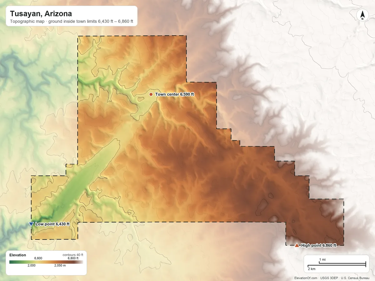 Topographic elevation map of Tusayan, Arizona, shaded from 6,430 ft on the southwest side to 6,860 ft on the southeast side