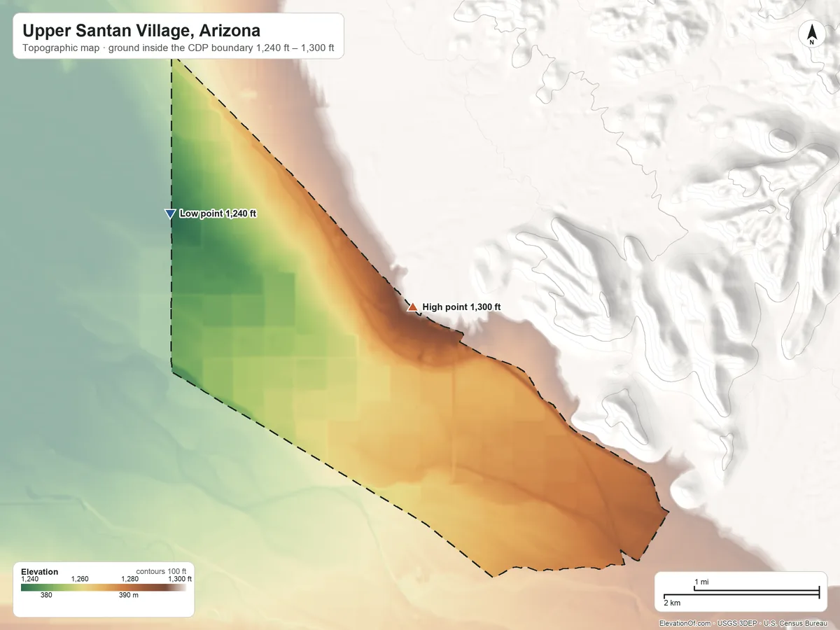 Topographic elevation map of Upper Santan Village, Arizona, shaded from 1,240 ft on the northwest side to 1,300 ft at the foot of the Sacaton Mountains