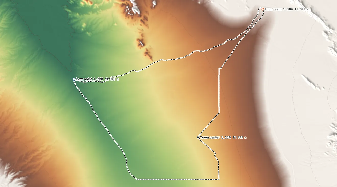 Topographic elevation map of Utting, Arizona, shaded from 1,000 ft on the northwest side to 1,300 ft at the foot of the Granite Wash Mountains