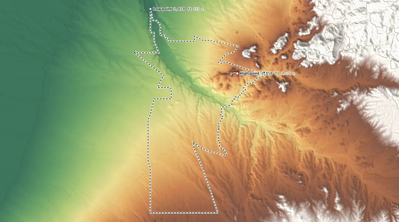 Topographic elevation map of Vail, Arizona, shaded from 3,010 ft on the north side to 3,850 ft on the east side