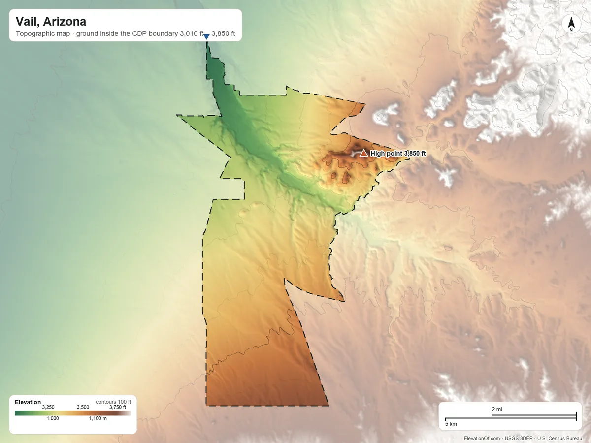 Topographic elevation map of Vail, Arizona, shaded from 3,010 ft on the north side to 3,850 ft on the east side