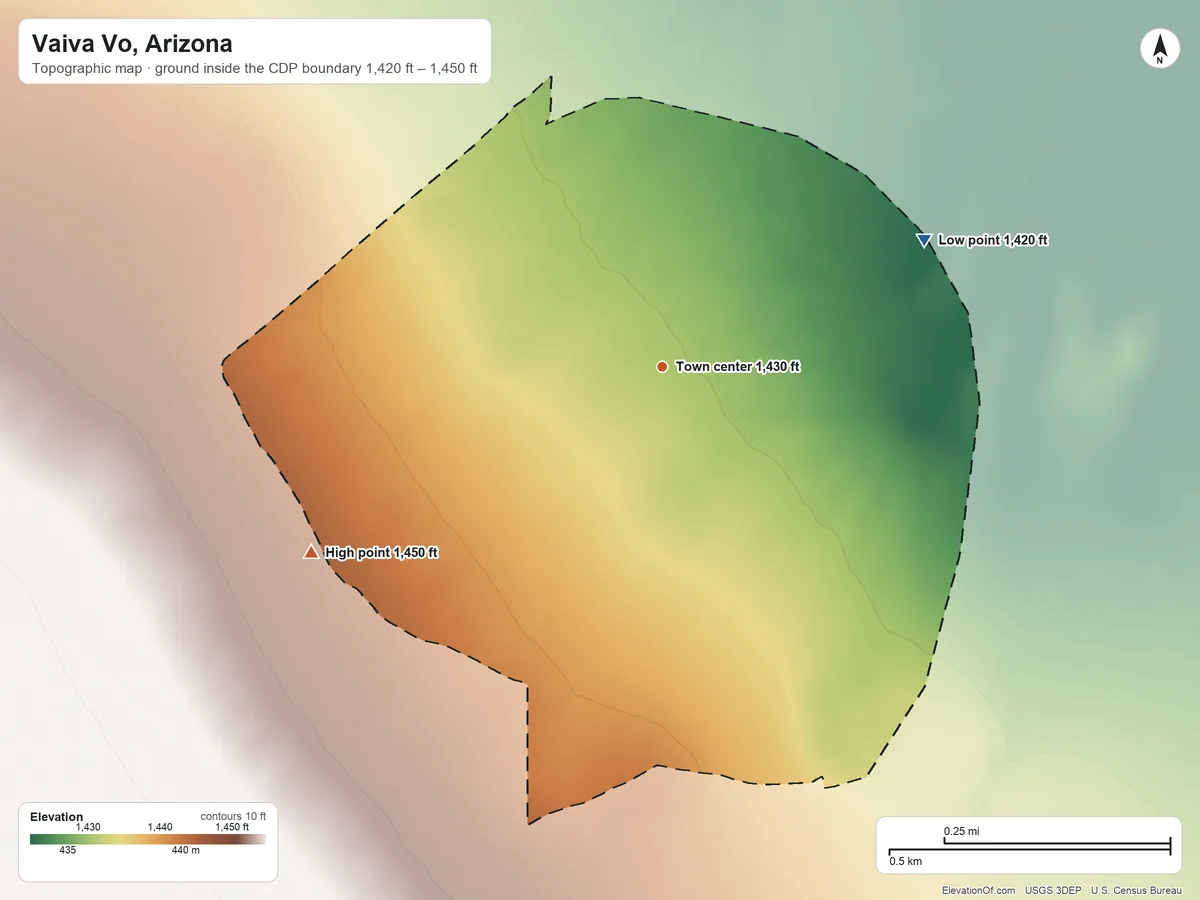 Topographic elevation map of Vaiva Vo, Arizona, shaded from 1,420 ft on the northeast side to 1,450 ft at the foot of the Vaiva Hills