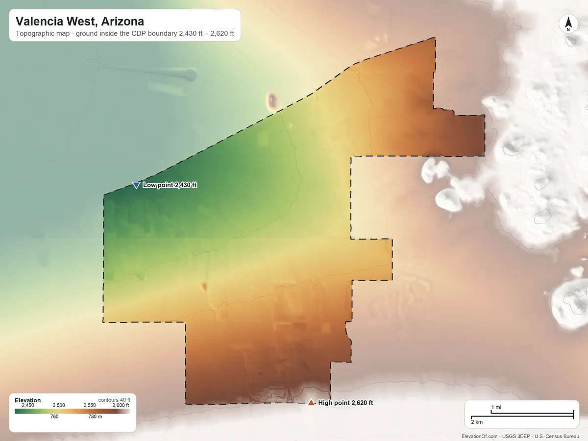 Topographic elevation map of Valencia West, Arizona, shaded from 2,430 ft on the northwest side to 2,620 ft on the south side