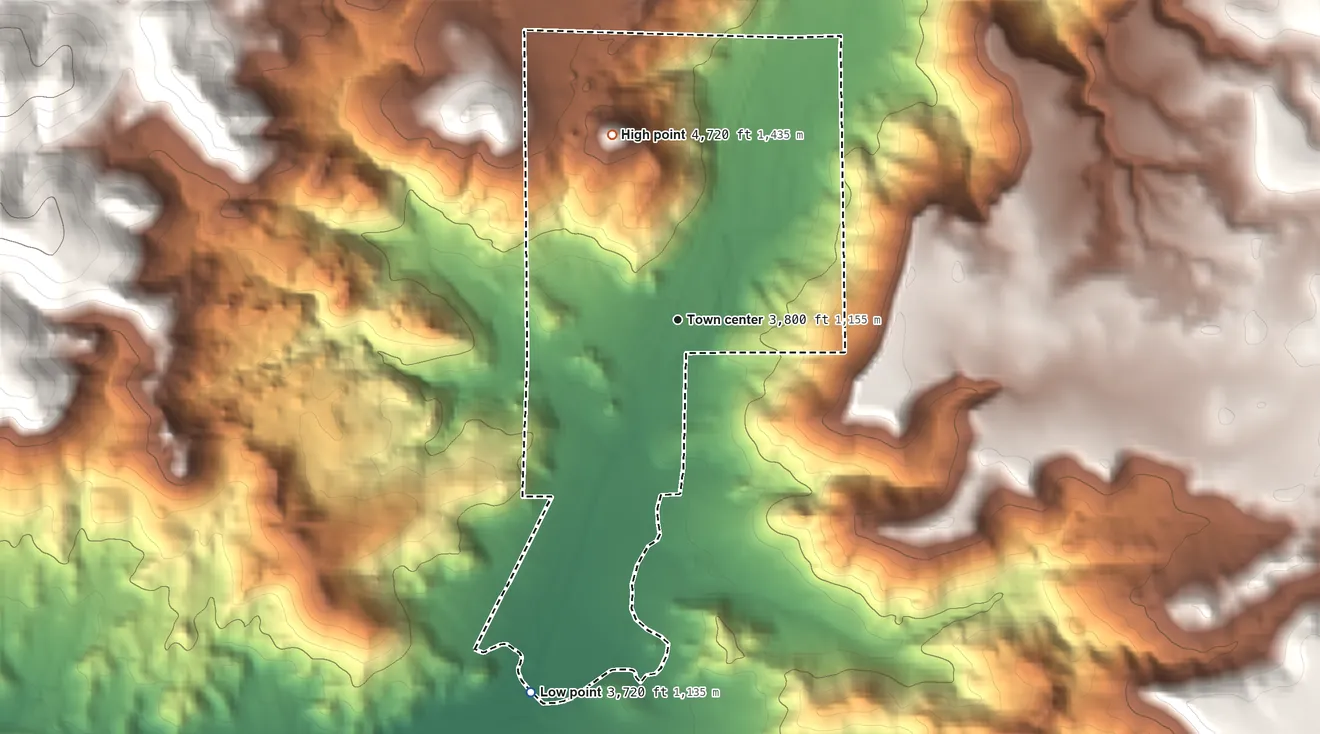 Topographic elevation map of Valentine, Arizona, shaded from 3,720 ft on the south side to 4,720 ft at the foot of the Peacock Mountains