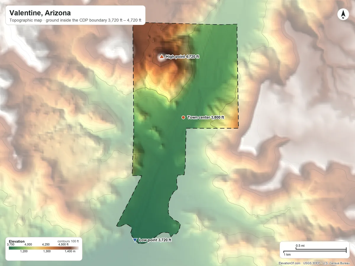 Topographic elevation map of Valentine, Arizona, shaded from 3,720 ft on the south side to 4,720 ft at the foot of the Peacock Mountains
