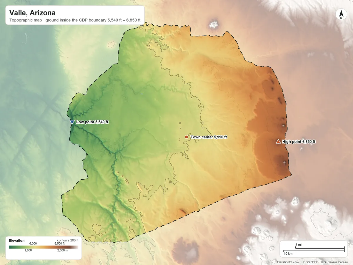 Topographic elevation map of Valle, Arizona, shaded from 5,540 ft on the west side to 6,850 ft on the east side