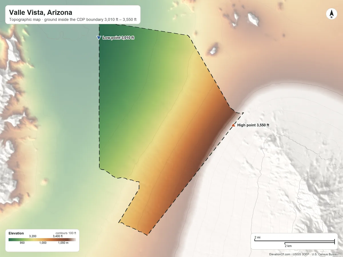 Topographic elevation map of Valle Vista, Arizona, shaded from 3,010 ft on the northwest side to 3,550 ft at the foot of the Peacock Mountains