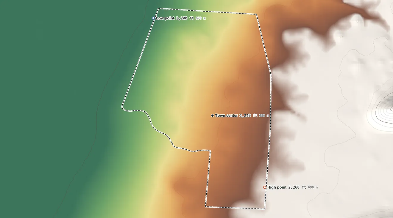 Topographic elevation map of Ventana, Arizona, shaded from 2,200 ft on the northwest side to 2,260 ft at the foot of the Sheridan Mountains