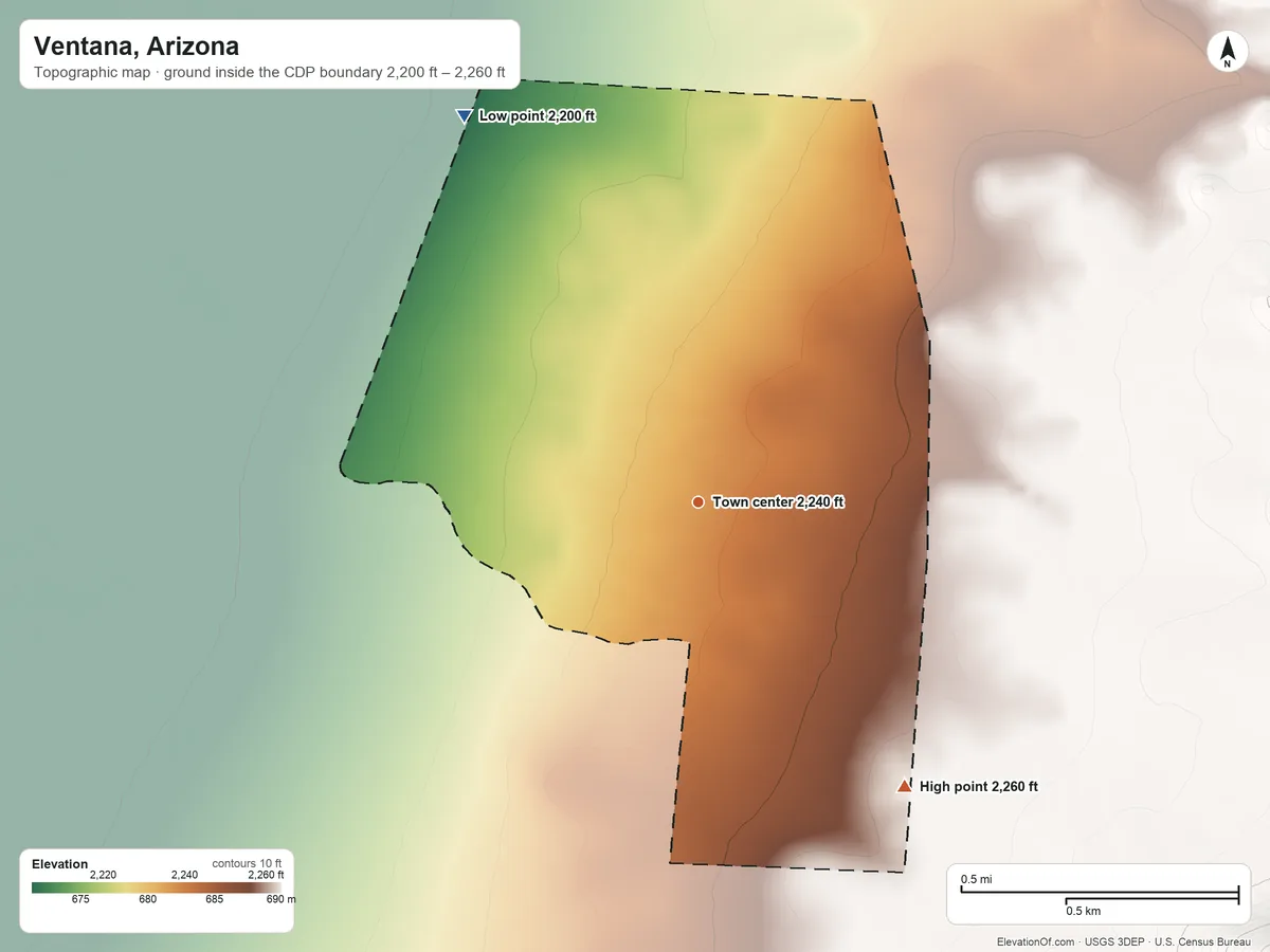 Topographic elevation map of Ventana, Arizona, shaded from 2,200 ft on the northwest side to 2,260 ft at the foot of the Sheridan Mountains
