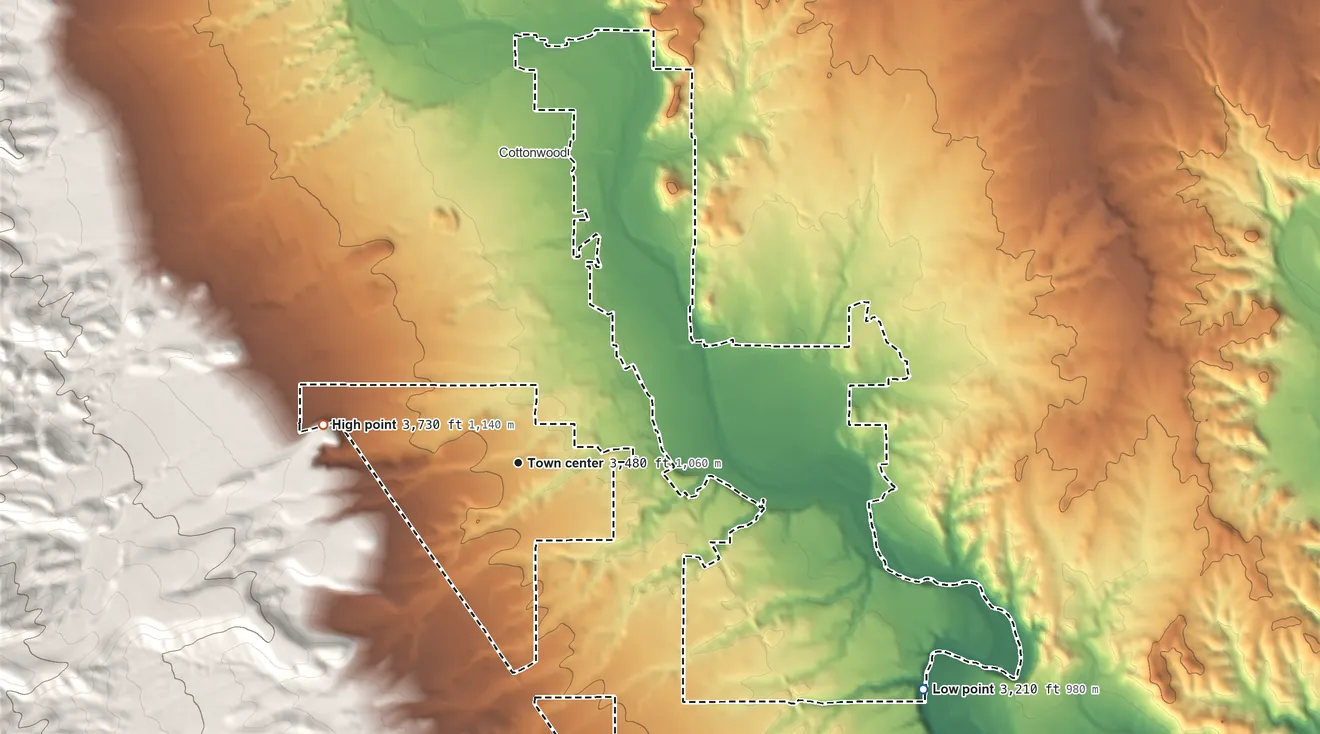 Topographic elevation map of Verde Village, Arizona, shaded from 3,210 ft on the southeast side to 3,730 ft at the foot of the Black Hills