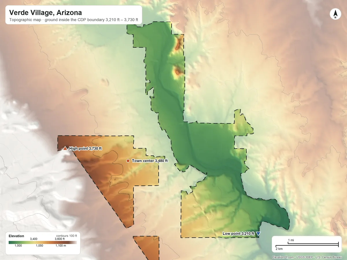 Topographic elevation map of Verde Village, Arizona, shaded from 3,210 ft on the southeast side to 3,730 ft at the foot of the Black Hills