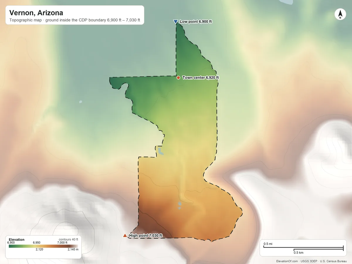 Topographic elevation map of Vernon, Arizona, shaded from 6,900 ft on the north side to 7,030 ft on the south edge, below higher ground just outside