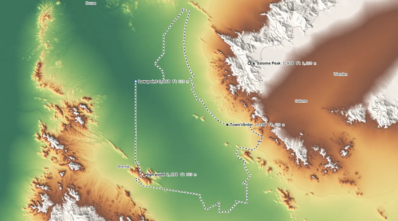 Topographic elevation map of Vicksburg, Arizona, shaded from 1,060 ft on the northwest side to 2,180 ft on the southwest side