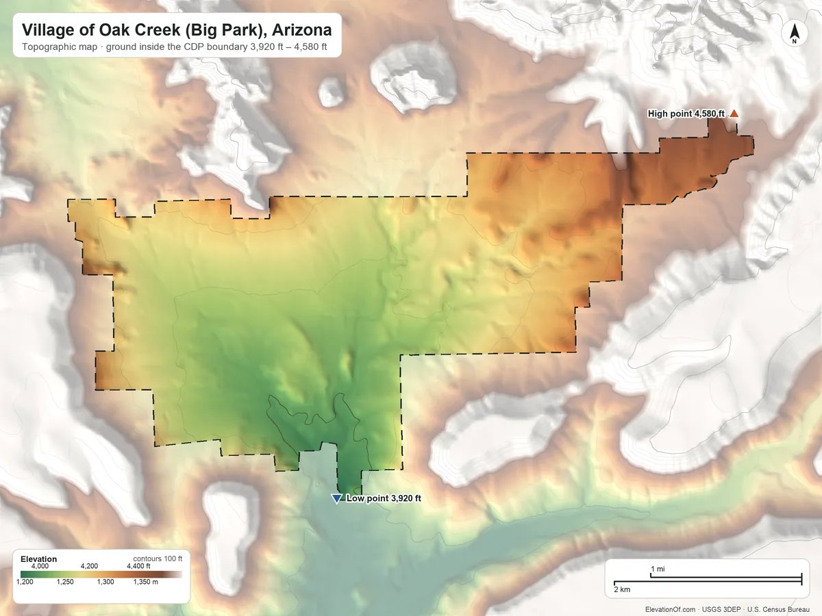 Topographic elevation map of Village of Oak Creek (Big Park), Arizona, shaded from 3,920 ft on the south side to 4,580 ft on the northeast edge, below higher ground just outside