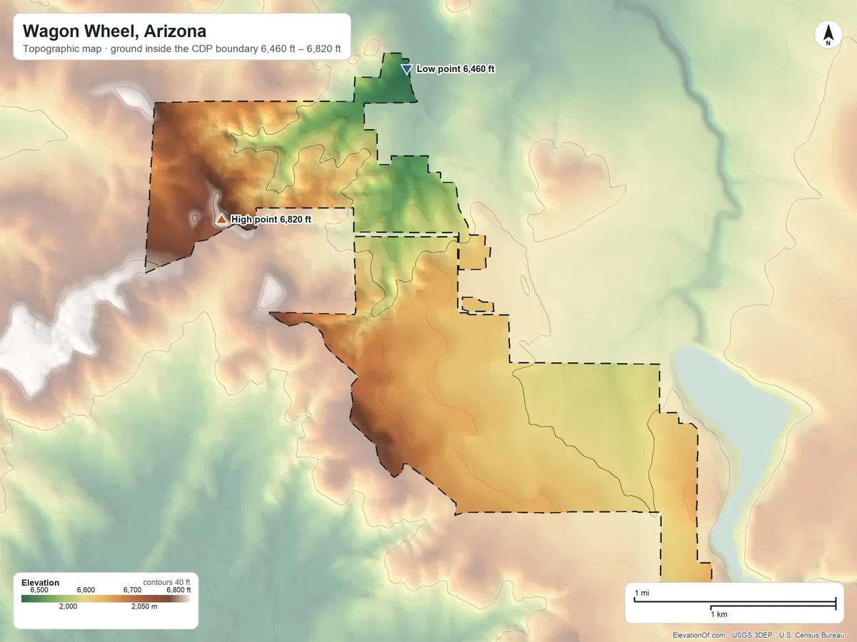 Topographic elevation map of Wagon Wheel, Arizona, shaded from 6,460 ft on the north side to 6,820 ft on the northwest side