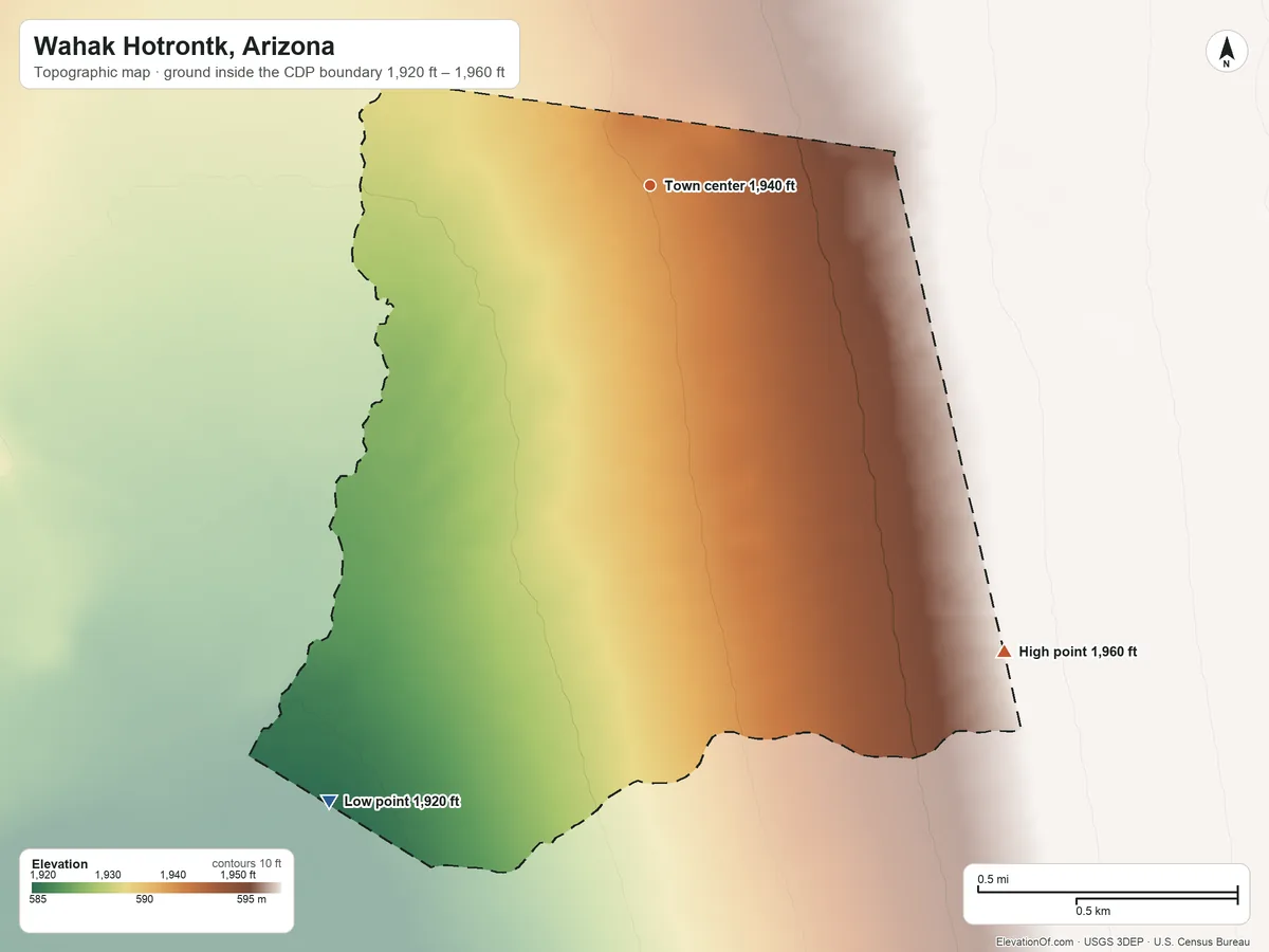 Topographic elevation map of Wahak Hotrontk, Arizona, shaded from 1,920 ft on the southwest side to 1,960 ft on the southeast side