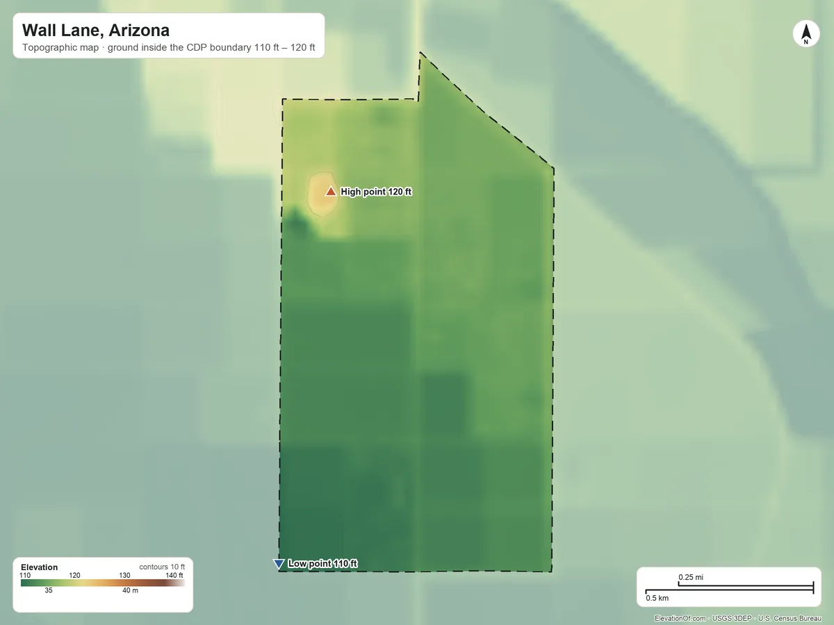 Topographic elevation map of Wall Lane, Arizona, shaded from 110 ft on the southwest side to 120 ft on the northwest side