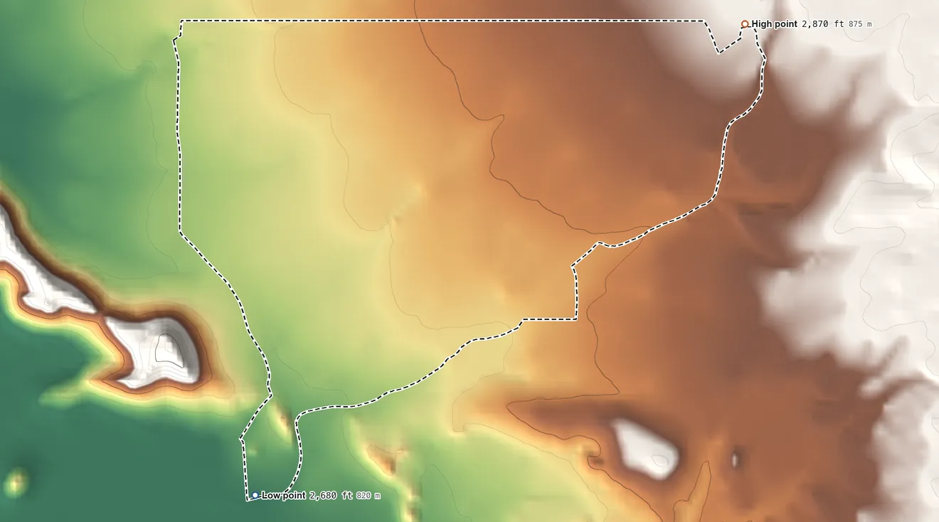 Topographic elevation map of Walnut Creek, Arizona, shaded from 2,680 ft on the south side to 2,870 ft on the east edge, below higher ground just outside
