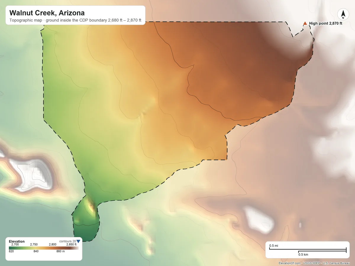 Topographic elevation map of Walnut Creek, Arizona, shaded from 2,680 ft on the south side to 2,870 ft on the east edge, below higher ground just outside