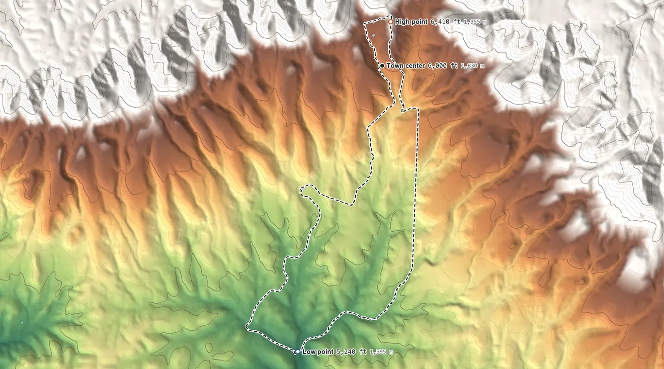 Topographic elevation map of Washington Park, Arizona, shaded from 5,240 ft on the south side to 6,410 ft at the foot of the Green Valley Hills