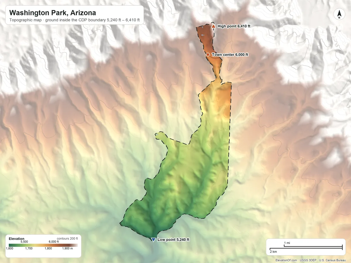 Topographic elevation map of Washington Park, Arizona, shaded from 5,240 ft on the south side to 6,410 ft at the foot of the Green Valley Hills