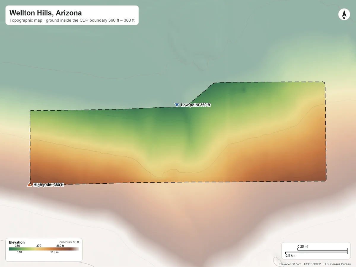 Topographic elevation map of Wellton Hills, Arizona, shaded from 360 ft on the northeast side to 380 ft at the foot of the Wellton Hills