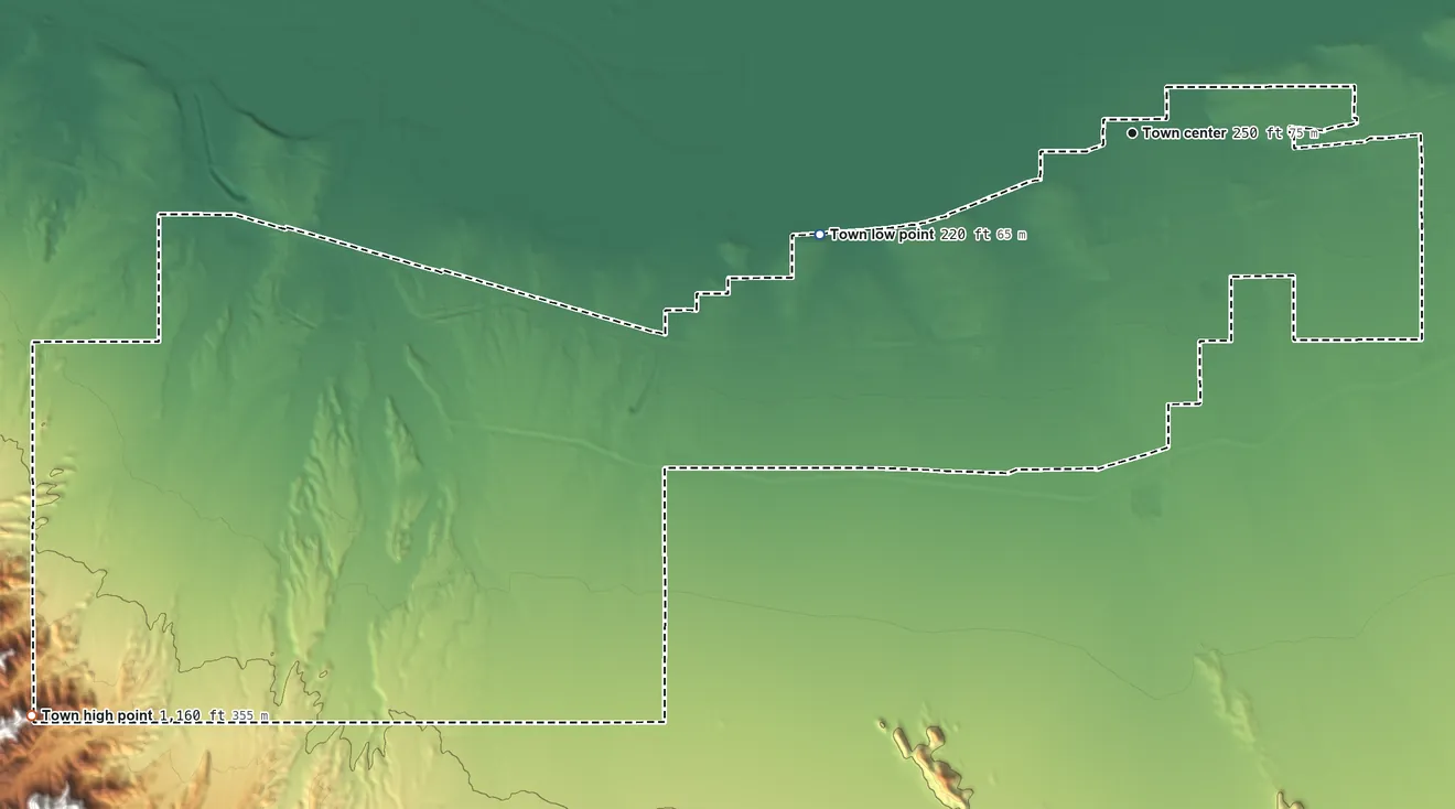 Topographic elevation map of Wellton, Arizona, shaded from 220 ft on the west side to 1,160 ft at the foot of the Gila Mountains