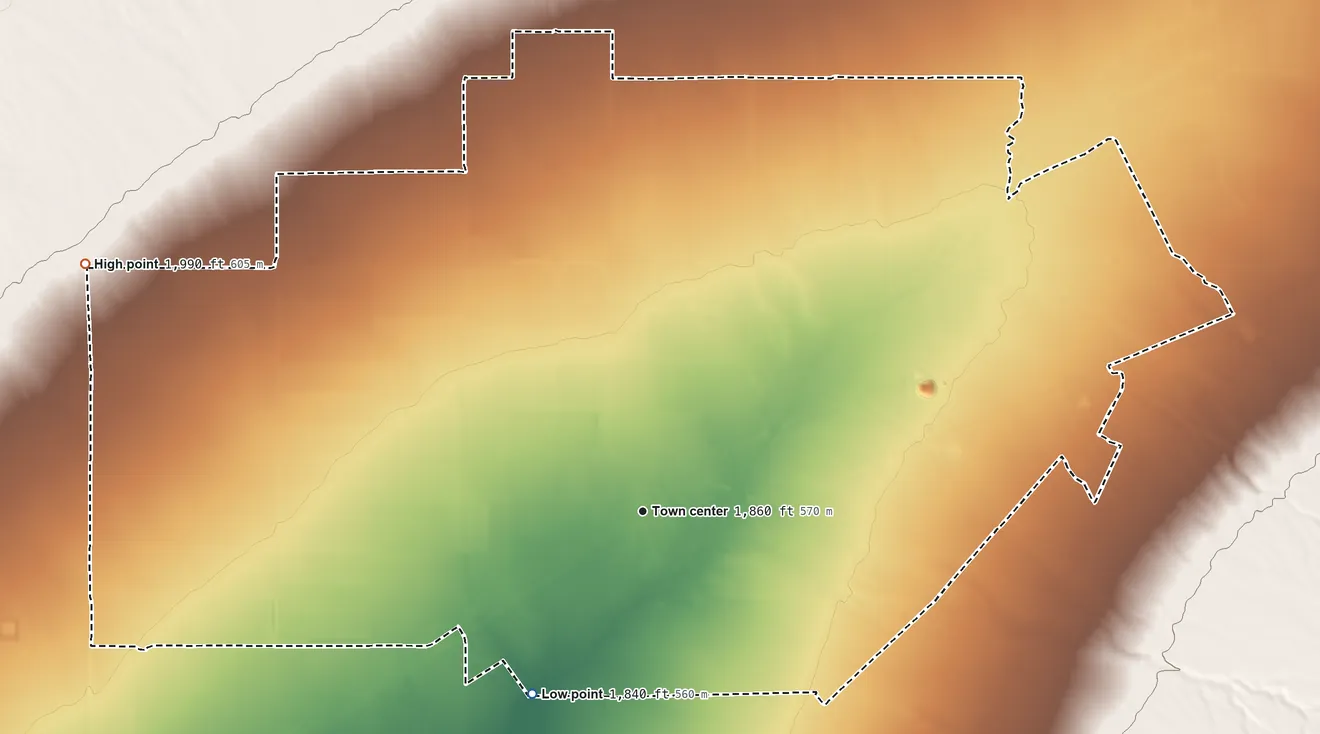 Topographic elevation map of Wenden, Arizona, shaded from 1,840 ft on the southwest side to 1,990 ft on the northwest side