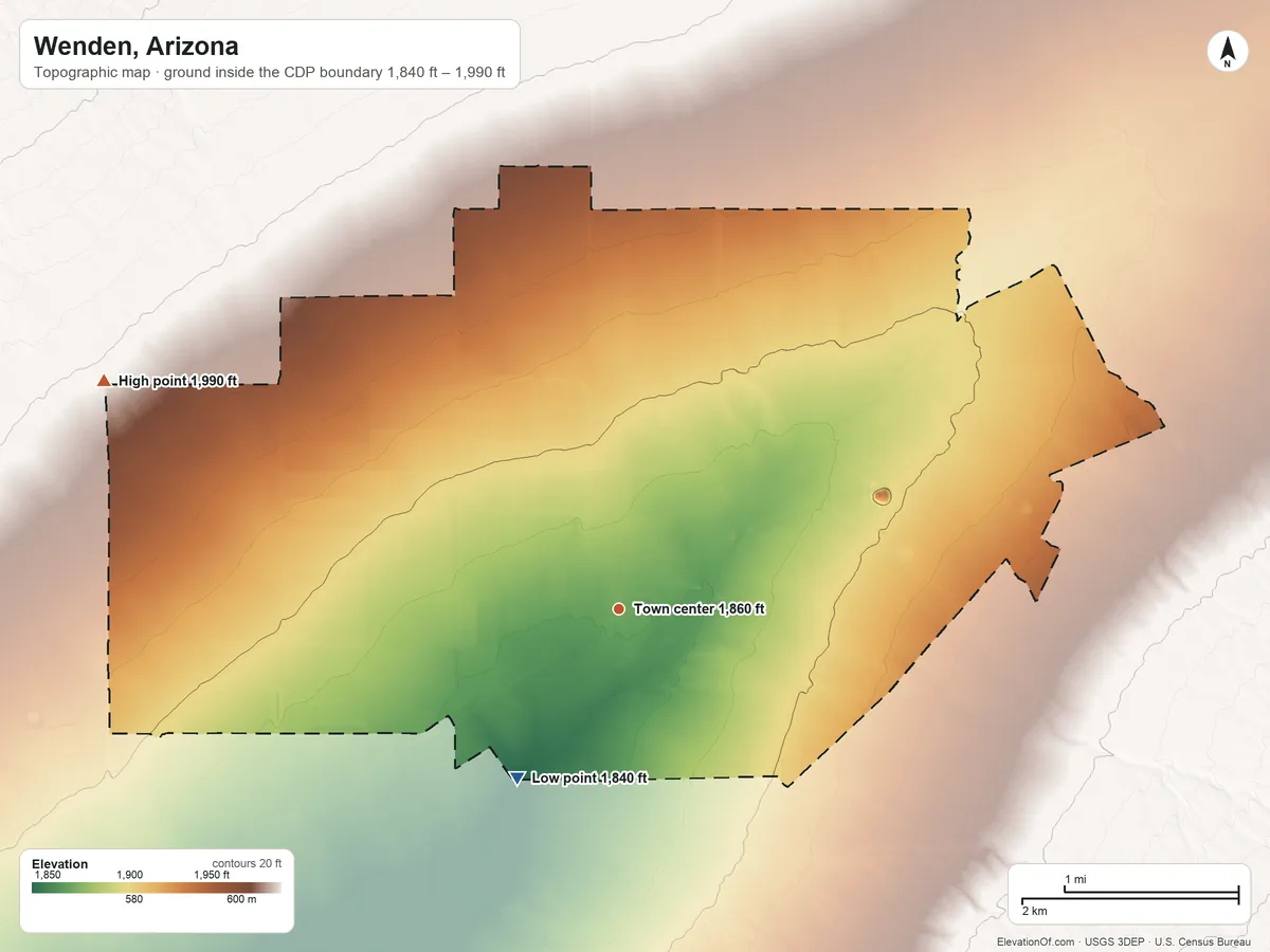 Topographic elevation map of Wenden, Arizona, shaded from 1,840 ft on the southwest side to 1,990 ft on the northwest side