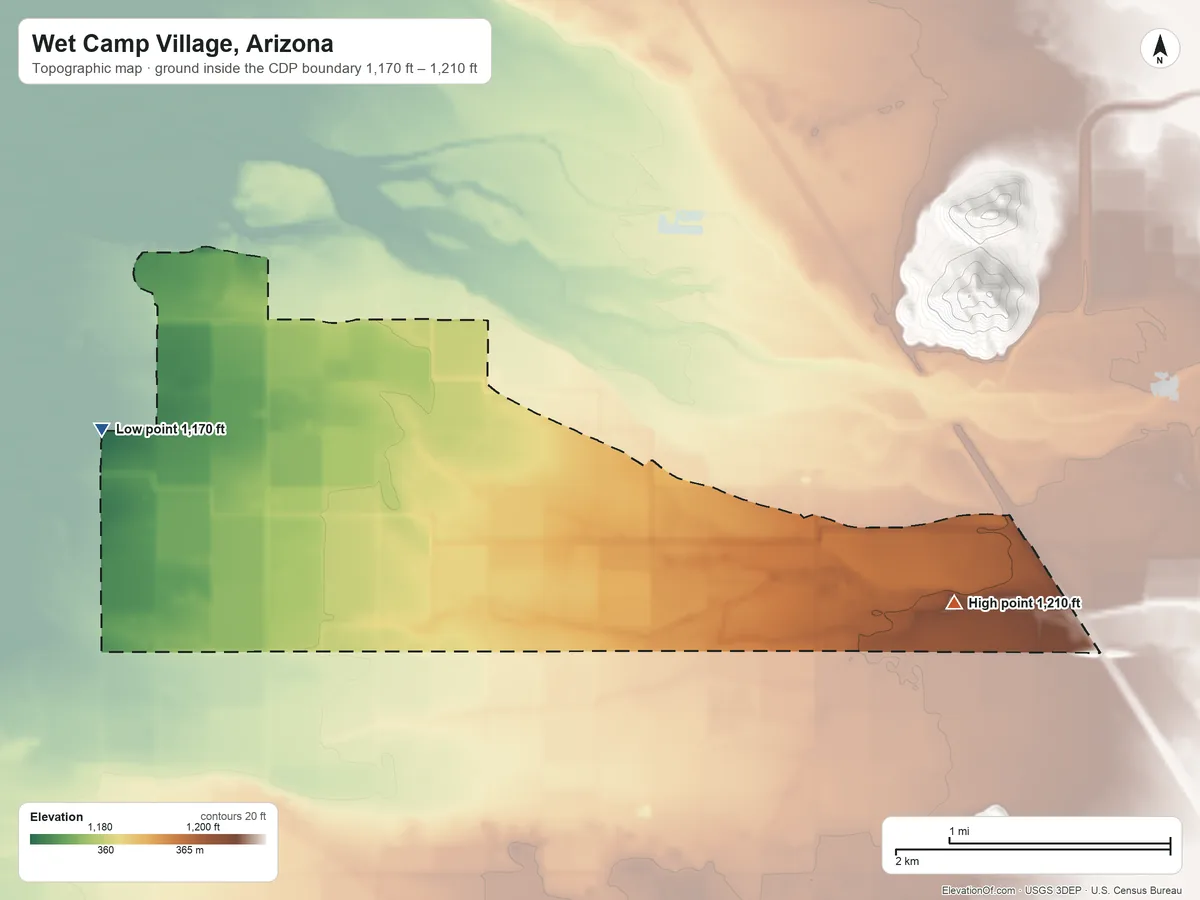 Topographic elevation map of Wet Camp Village, Arizona, shaded from 1,170 ft on the west side to 1,210 ft at the foot of the Sacaton Mountains