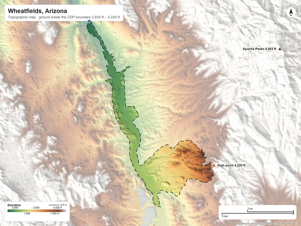 Topographic elevation map of Wheatfields, Arizona, shaded from 2,820 ft on the northwest side to 4,220 ft at the foot of the Globe Hills