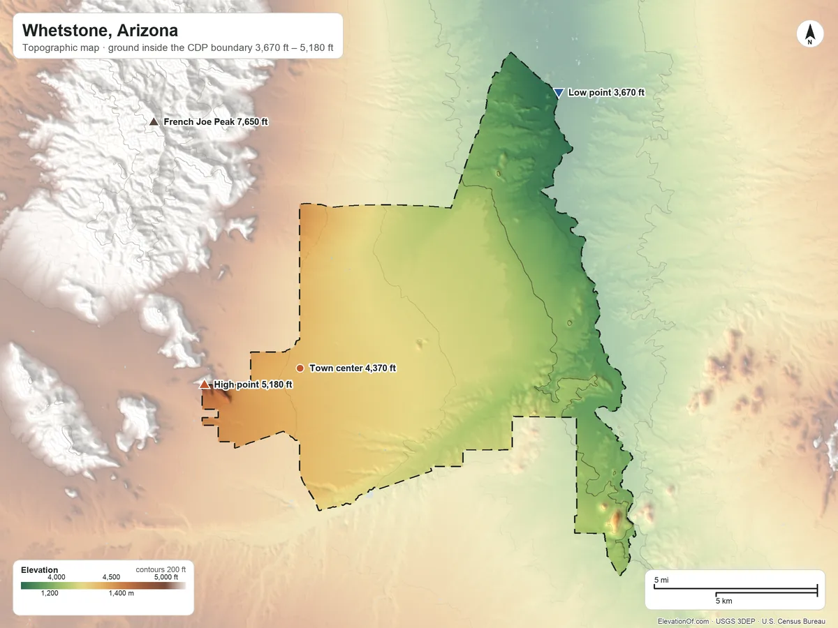 Topographic elevation map of Whetstone, Arizona, shaded from 3,670 ft on the northeast side to 5,180 ft at the foot of the Mustang Mountains