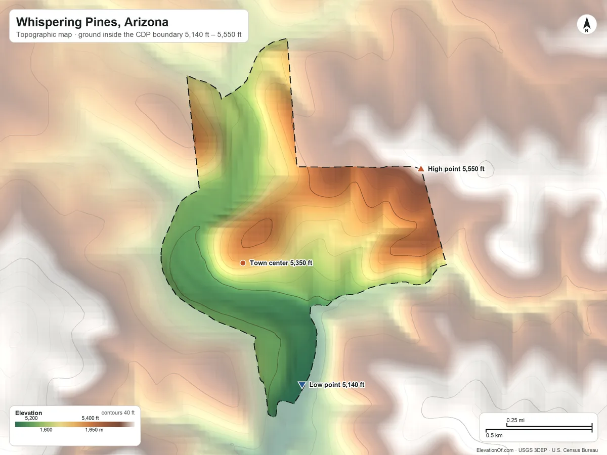 Topographic elevation map of Whispering Pines, Arizona, shaded from 5,140 ft on the southeast side to 5,550 ft at the foot of the Green Valley Hills