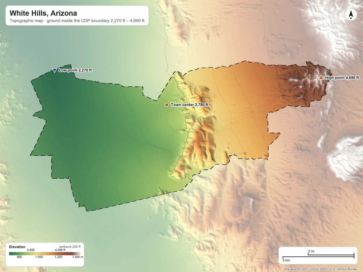 Topographic elevation map of White Hills, Arizona, shaded from 2,270 ft on the west side to 4,690 ft on the east side