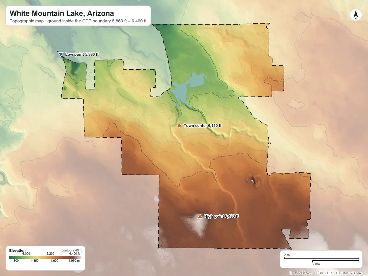 Topographic elevation map of White Mountain Lake, Arizona, shaded from 5,860 ft on the northwest side to 6,460 ft on the south side