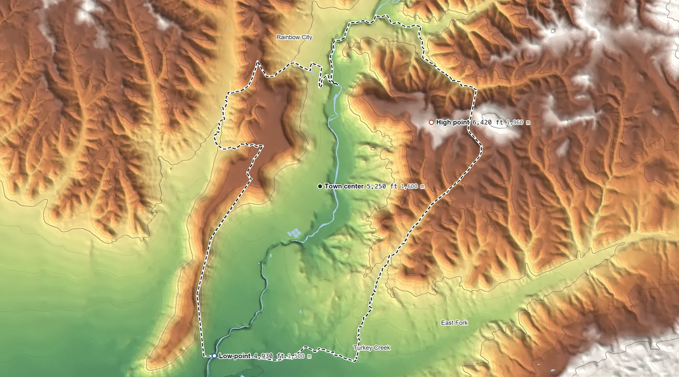 Topographic elevation map of Whiteriver, Arizona, shaded from 4,930 ft on the southwest side to 6,420 ft on the northeast side