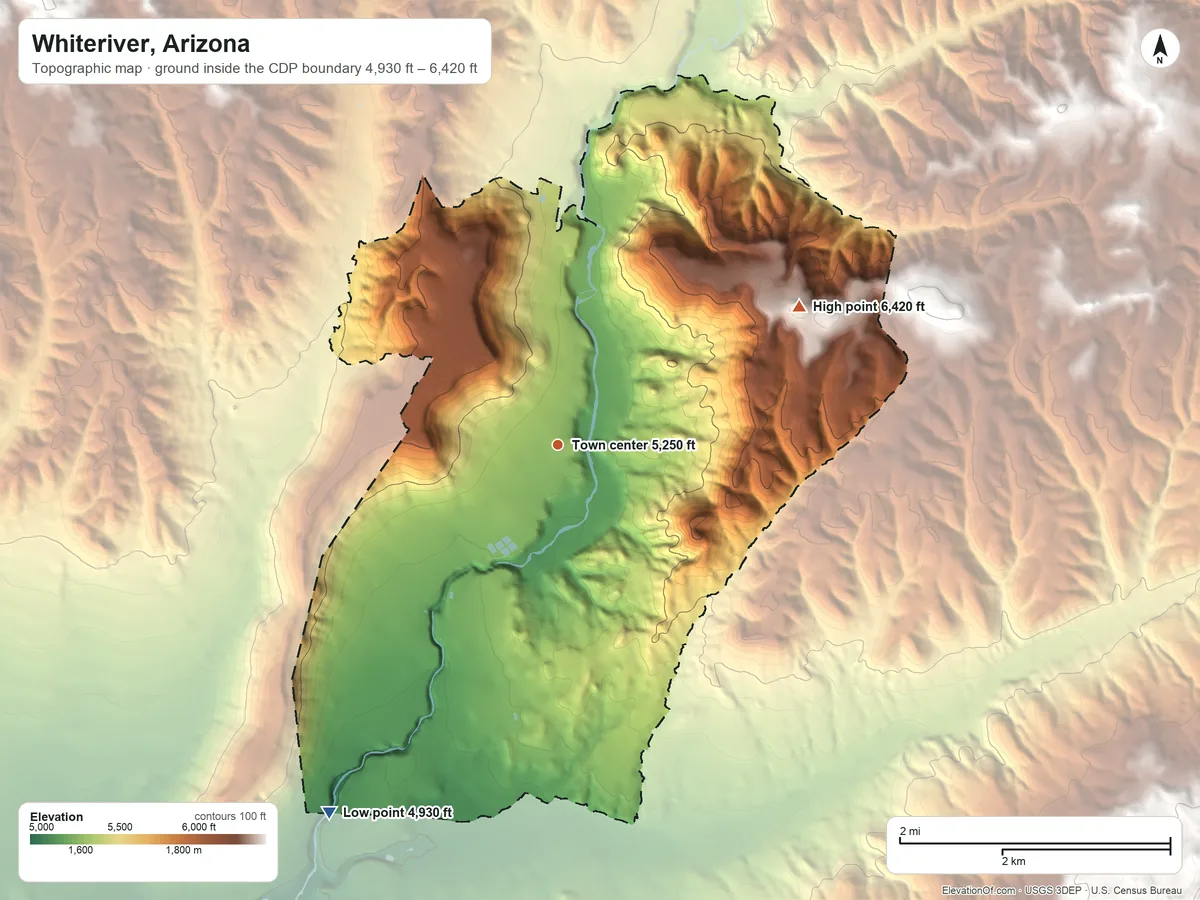 Topographic elevation map of Whiteriver, Arizona, shaded from 4,930 ft on the southwest side to 6,420 ft on the northeast side